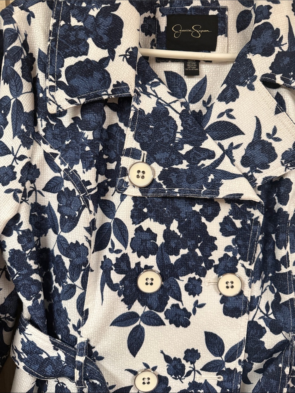 Jessica Simpson Navy & White Floral Trench Coat - Picture 2 of 7